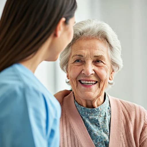 An elderly woman and caregiver sharing a warm smile in a sunlit living room