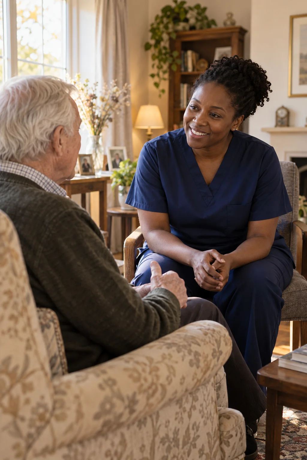 A caregiver in navy scrubs talking with an older man in a sunlit living room