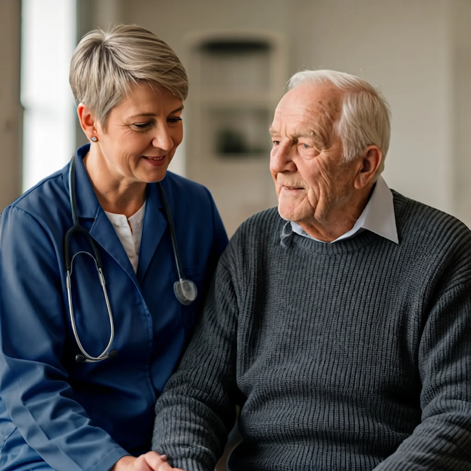 A caregiver sharing a warm smile with an elderly woman in a bright, sunlit living room